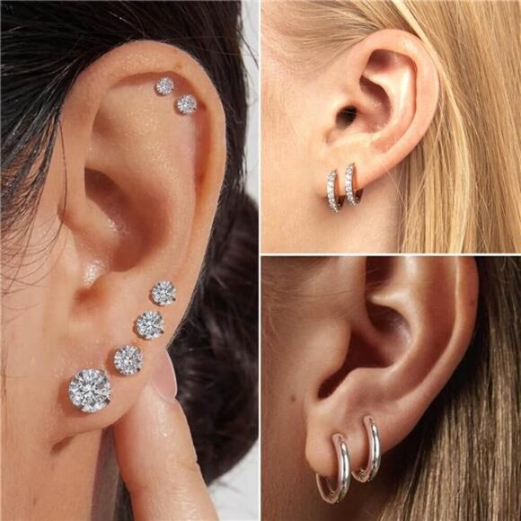 10 Pairs Silver Stud Earrings and Hoop Earrings for Women, Surgical Steel - Picture 3 of 7